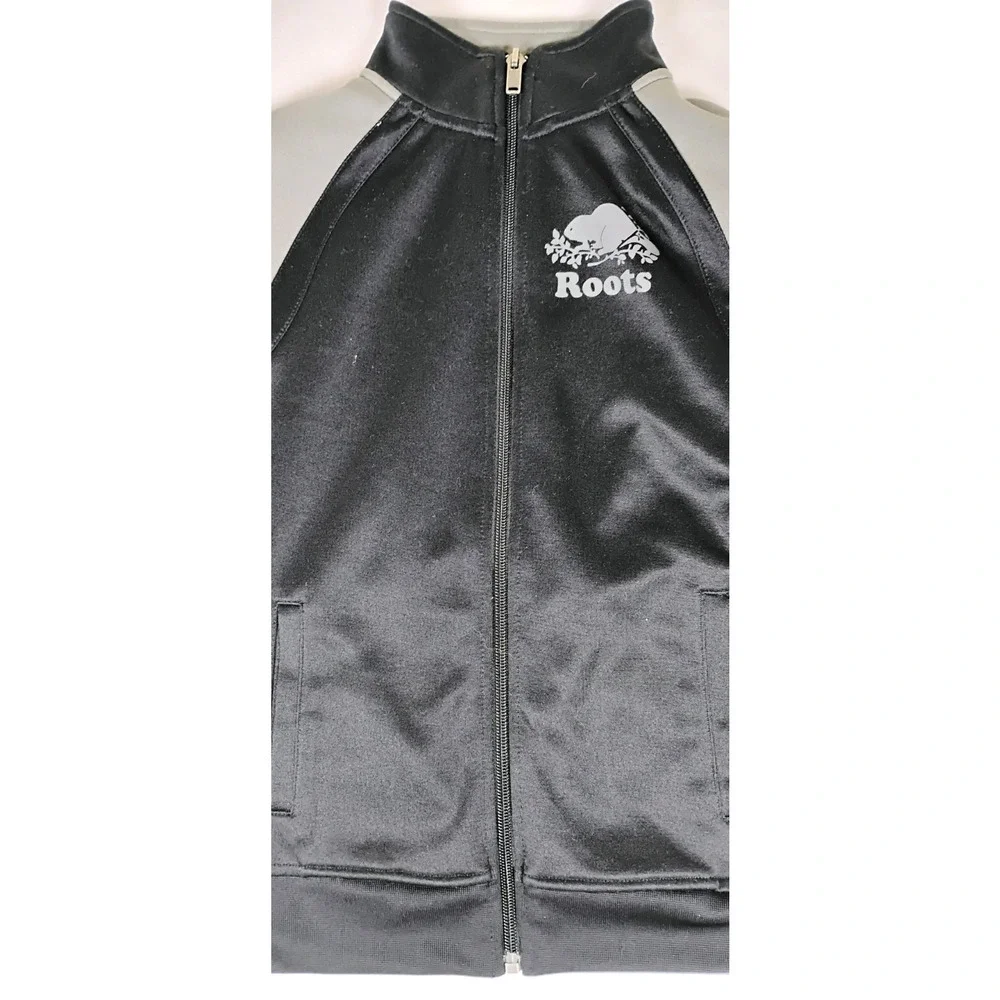 Roots Kids Track Jacket Boys M 7 8 Full Zip Raglan Athletic Pockets Black Gray